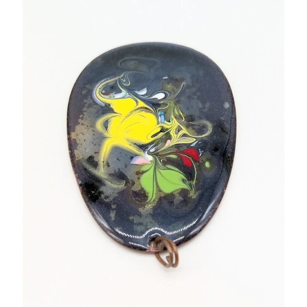 Vintage Artisan Blue Pink Reversible Enamel on Copper Pendant Abstract Swirl